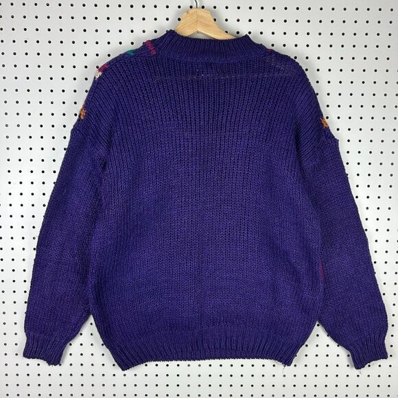 Extra Spice Vtg 90s Mock Neck Sweater Large Purple Knit Chunky Pom Pom Nordic - Picture 4 of 6